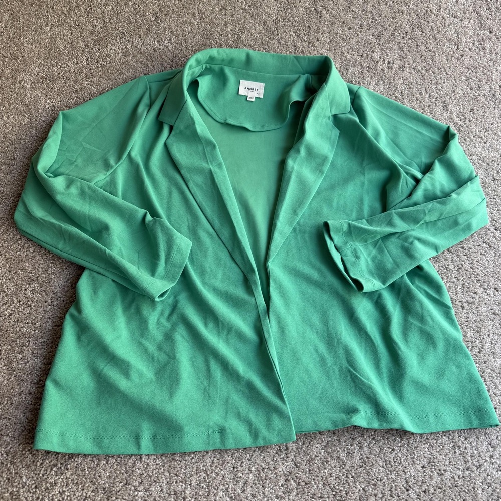 Andrée By Unit Jacket Womens 2X Green Crepe Open Front Blazer Unlined Collared